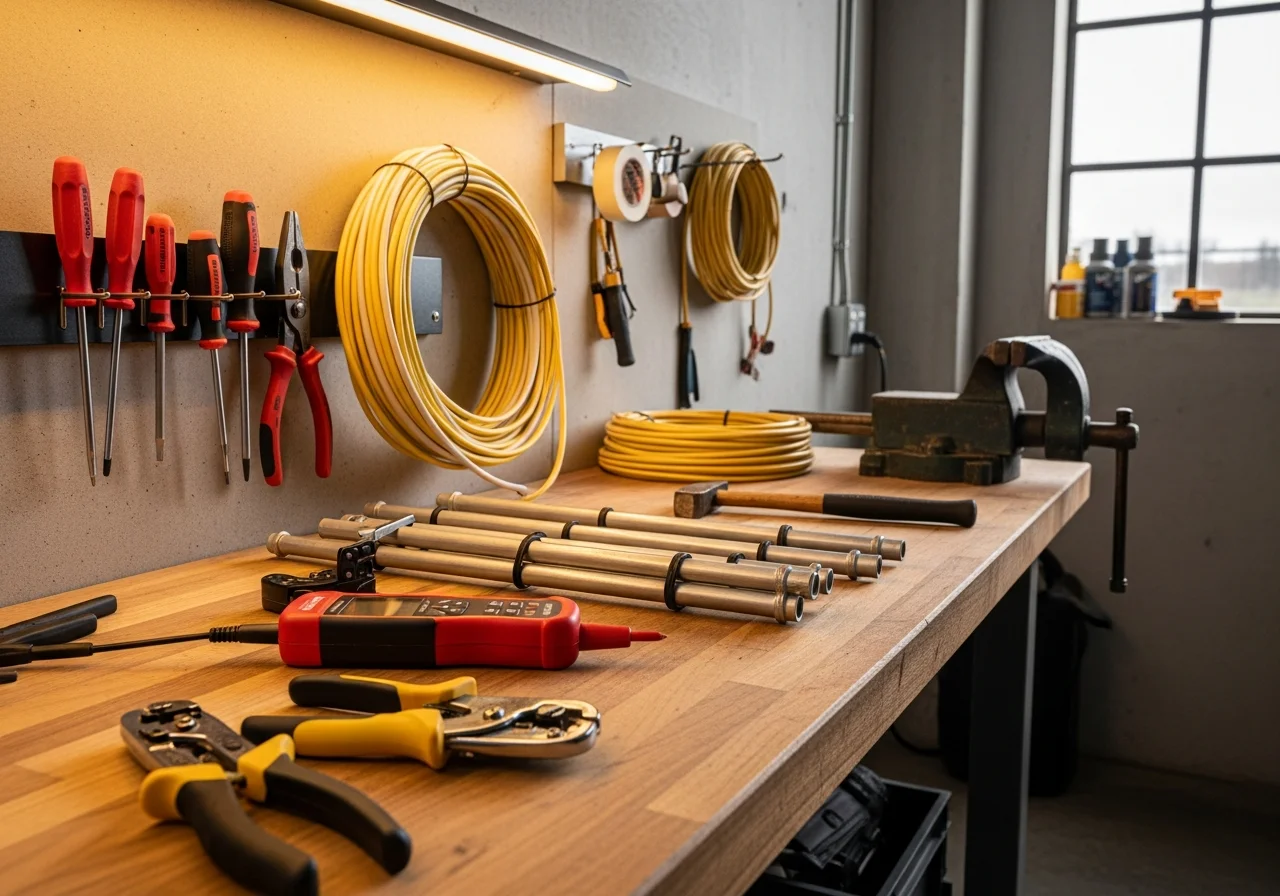 Electrical contractor tools and equipment organized on a workbench, ready for residential installation and service work.