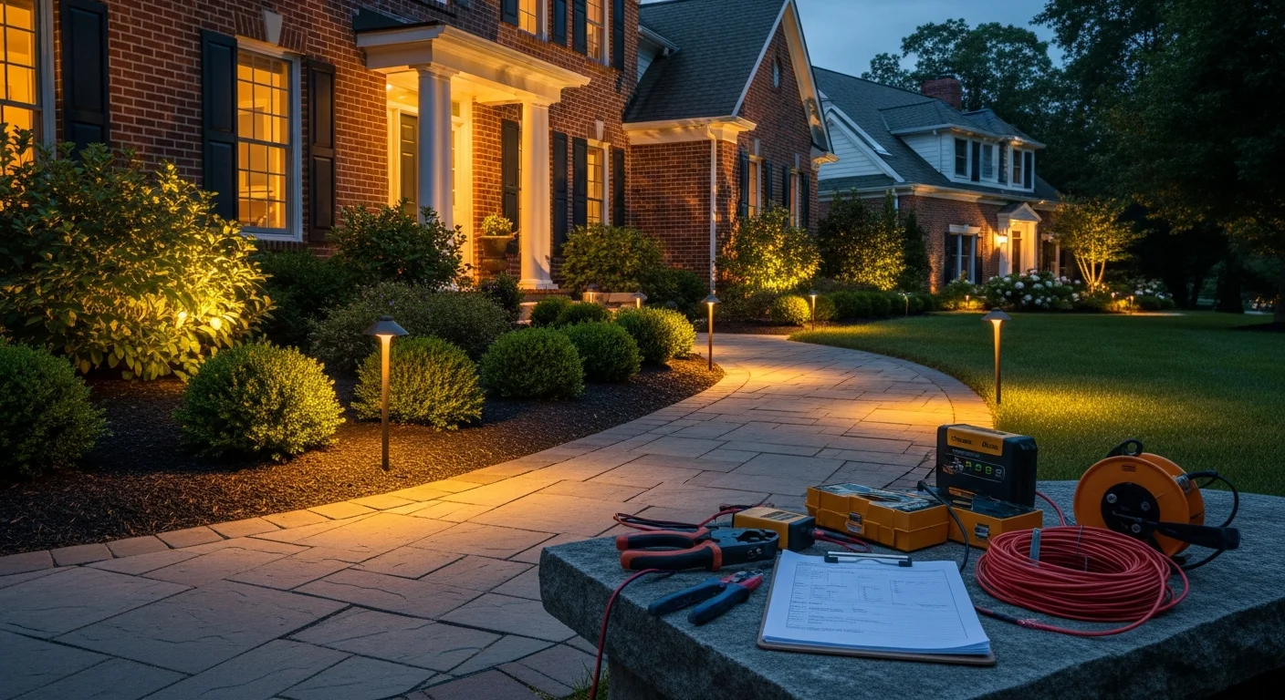 Landscape lighting installed along residential driveway