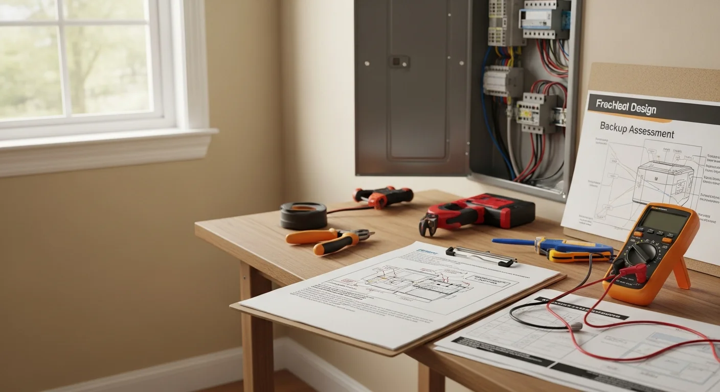 A licensed electrician reviewing a load calculation worksheet beside a residential electrical panel in a Madison, New Jersey home. The image shows the planning stage of a backup power system design project.