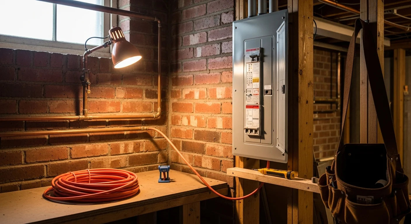 A licensed electrician from Arleo Electrical Contracting installs a new residential electrical panel in a Madison, New Jersey home. The panel shows neatly labeled circuit breakers and organized wiring inside a mid-century single-family house.