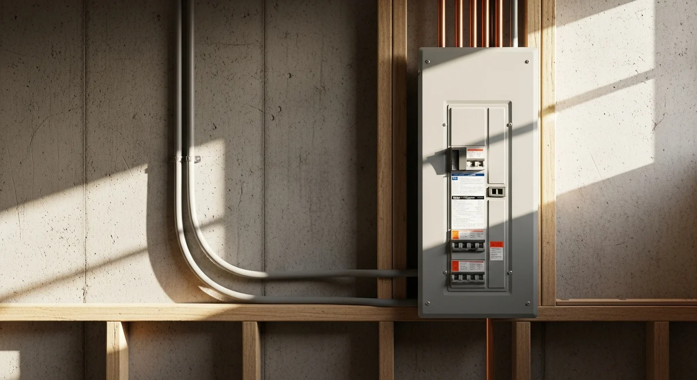 A licensed electrician from Arleo Electrical Contracting installing a new 200-amp electrical panel in a Madison, New Jersey home. The panel is mounted on an interior wall with clearly labeled circuit breakers and properly routed conduit.