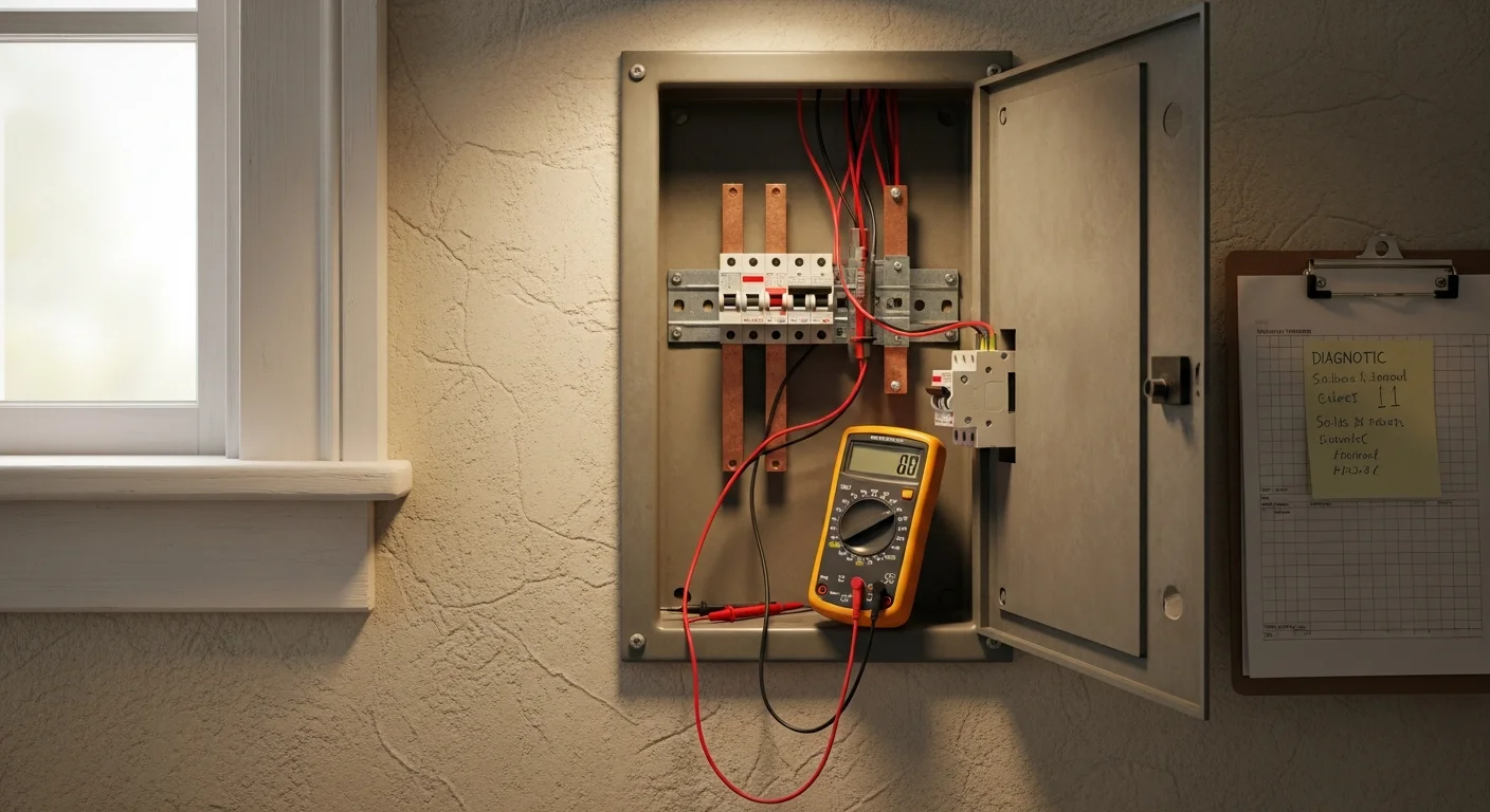 A licensed electrician from Arleo Electrical Contracting testing a residential circuit breaker panel inside an older Colonial-style home in Madison, New Jersey. The panel cover is open and the electrician holds a diagnostic meter while inspecting individual breakers.