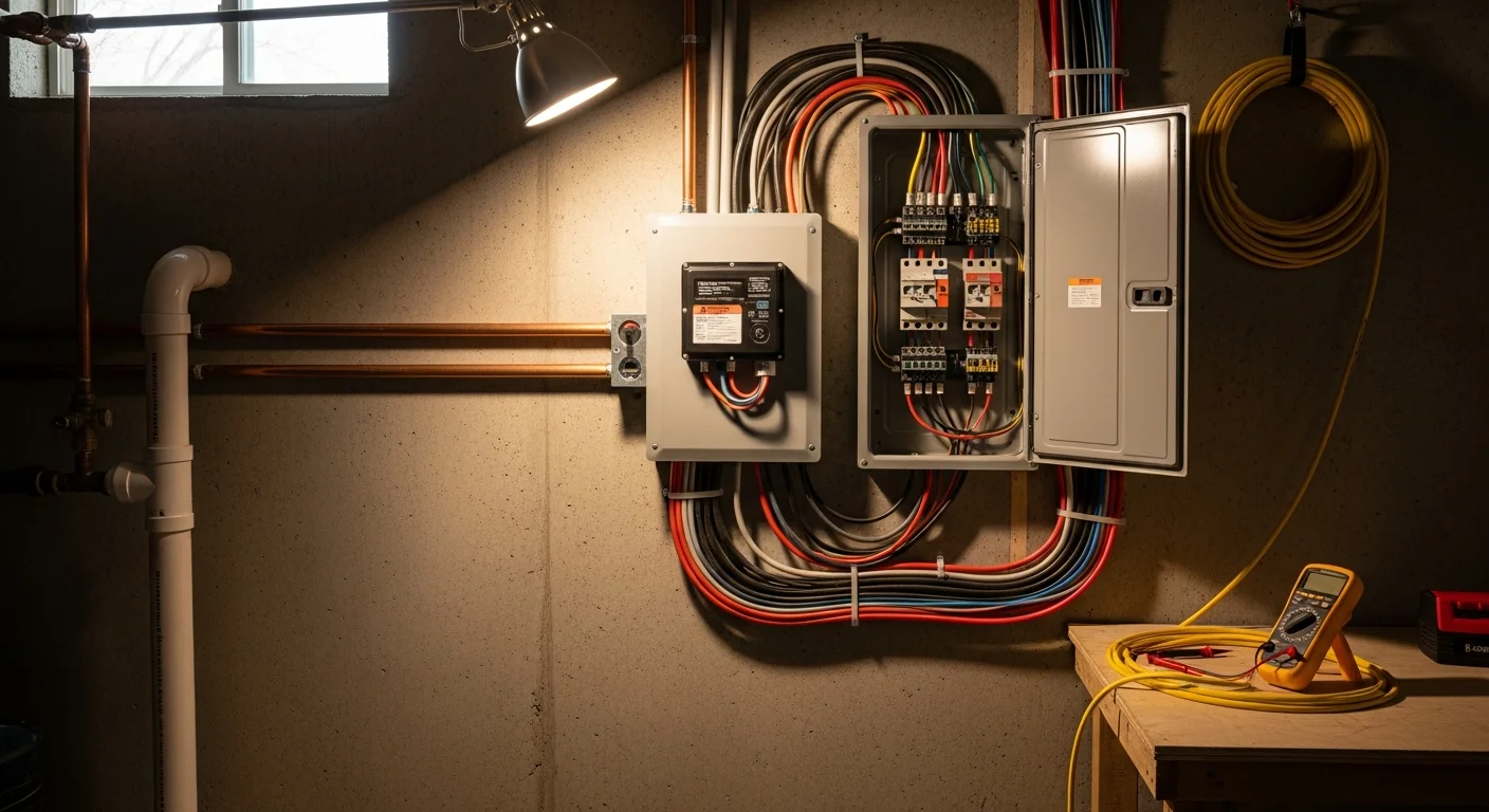 A licensed electrician from Arleo Electrical Contracting wiring a transfer switch to a residential electrical panel for generator integration in Madison, New Jersey. The panel box is open and neatly organized, with the generator connection circuit clearly labeled.