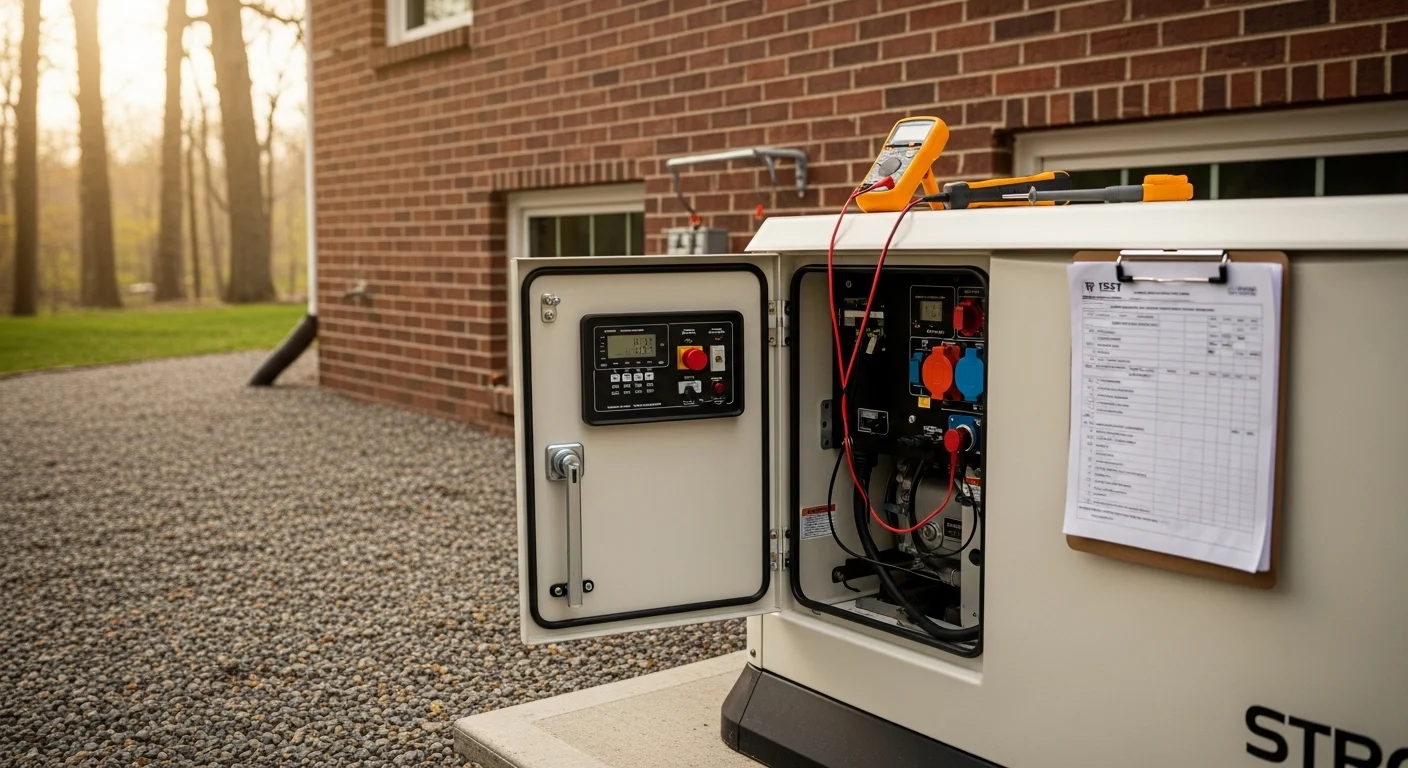 A licensed electrician from Arleo Electrical Contracting performing a generator startup test at a residential property in Madison, New Jersey. The technician checks the transfer switch panel and control board on a standby generator unit mounted on a concrete pad beside the home.