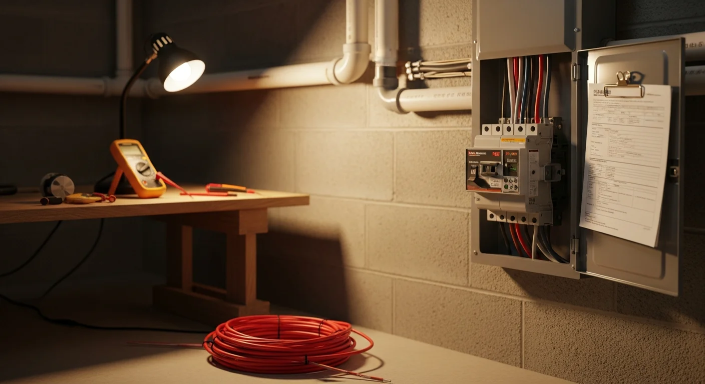 A licensed electrician from Arleo Electrical Contracting wiring a generator transfer switch to a residential electrical panel in a Madison, New Jersey home. The transfer switch is mounted beside the main panel with clean conduit runs and labeled circuit breakers.