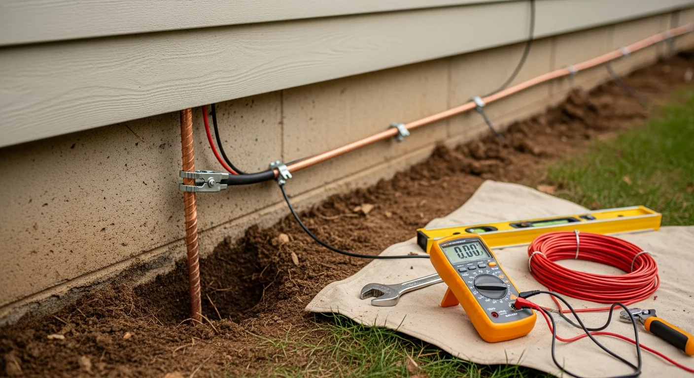 A licensed electrician from Arleo Electrical Contracting installs a grounding electrode conductor at the main electrical panel of a residential home in Madison, New Jersey. The panel is open, showing properly bonded grounding connections and a copper ground wire running to the grounding electrode system.