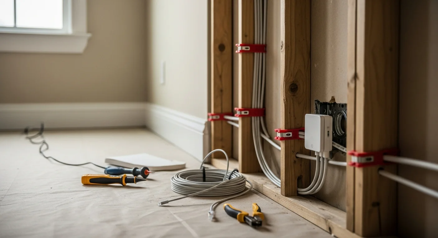 A licensed electrician from Arleo Electrical Contracting routing low-voltage automation wiring through the wall cavity of a single-family colonial home in Madison, New Jersey. Structured cable bundles are visible at a central distribution panel in a finished basement utility room.