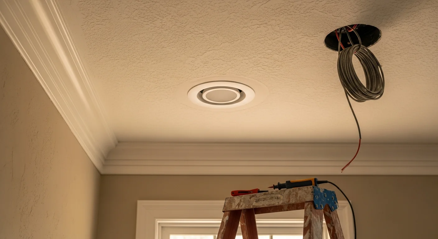 A licensed electrician from Arleo Electrical Contracting installs a ceiling light fixture in a Madison, New Jersey Colonial-style home. The electrician is securing the fixture to a ceiling junction box in a freshly painted dining room with crown molding.