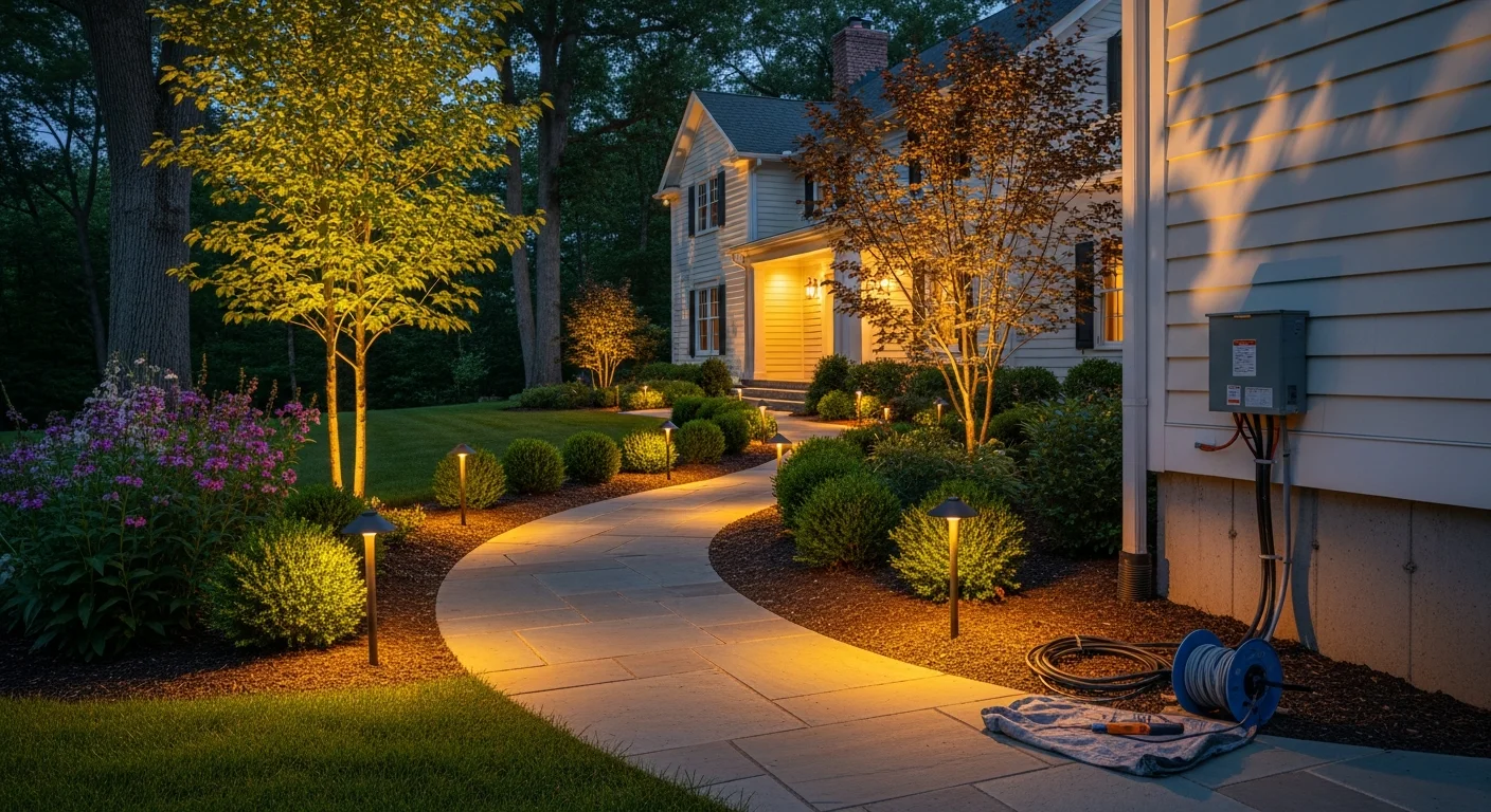 Professionally installed landscape lighting along a residential walkway and garden bed at a Madison, New Jersey home, with up-lights accenting mature trees and path fixtures guiding the front entry after dark.