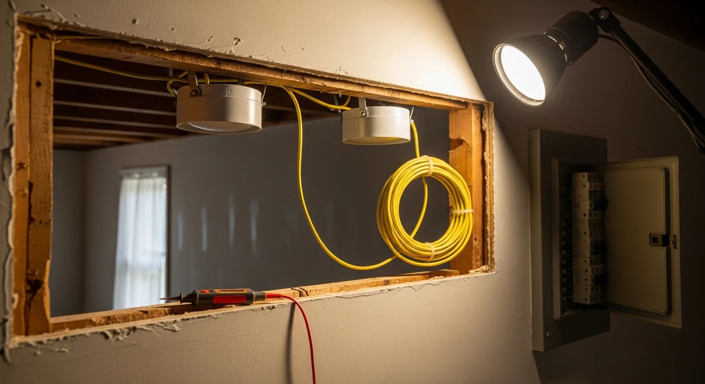 A licensed electrician from Arleo Electrical Contracting installs recessed lighting fixtures in the ceiling of a single-family home in Madison, New Jersey. The finished room shows evenly spaced, modern lighting replacing outdated surface-mount fixtures.