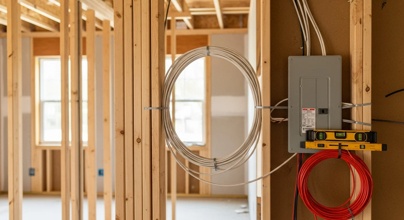 A licensed electrician from Arleo Electrical Contracting installing branch circuit wiring inside the open framing of a new single-family home under construction in Madison, New Jersey. Neatly routed cables run between wall studs ahead of drywall installation, with a new electrical panel mounted and labeled in the utility area.