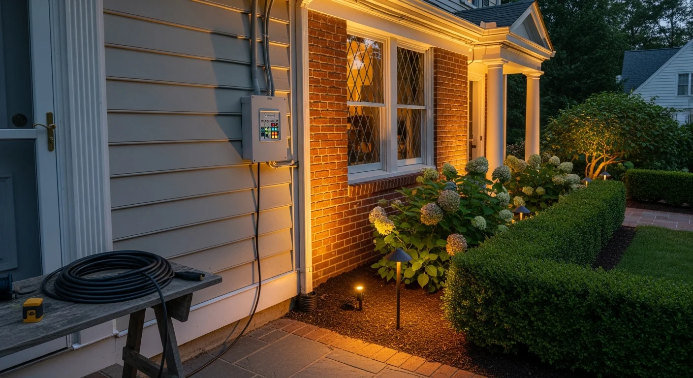 A Madison, New Jersey residential home exterior at night with professionally installed outdoor lighting illuminating the front walkway, facade, and garden beds. Warm-toned fixtures highlight the architectural lines of the house and the surrounding landscaping.