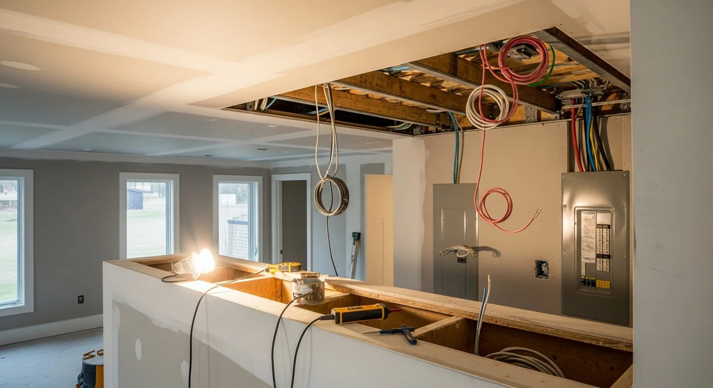 Newly installed recessed lighting fixtures in the living room ceiling of a Madison, New Jersey home, with clean drywall cutouts and even light distribution across the space. The room shows a finished installation with no exposed wiring and a flush, trim-ringed appearance at each fixture.