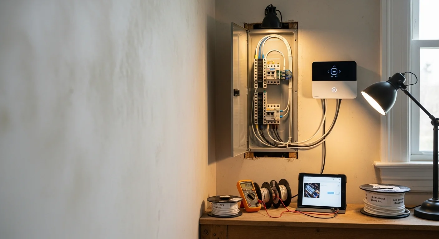 A licensed electrician from Arleo Electrical Contracting installing a smart lighting control panel inside a Colonial-style home in Madison, New Jersey. The wall-mounted control interface is wired into the home's existing electrical system with clean conduit runs visible in the background.