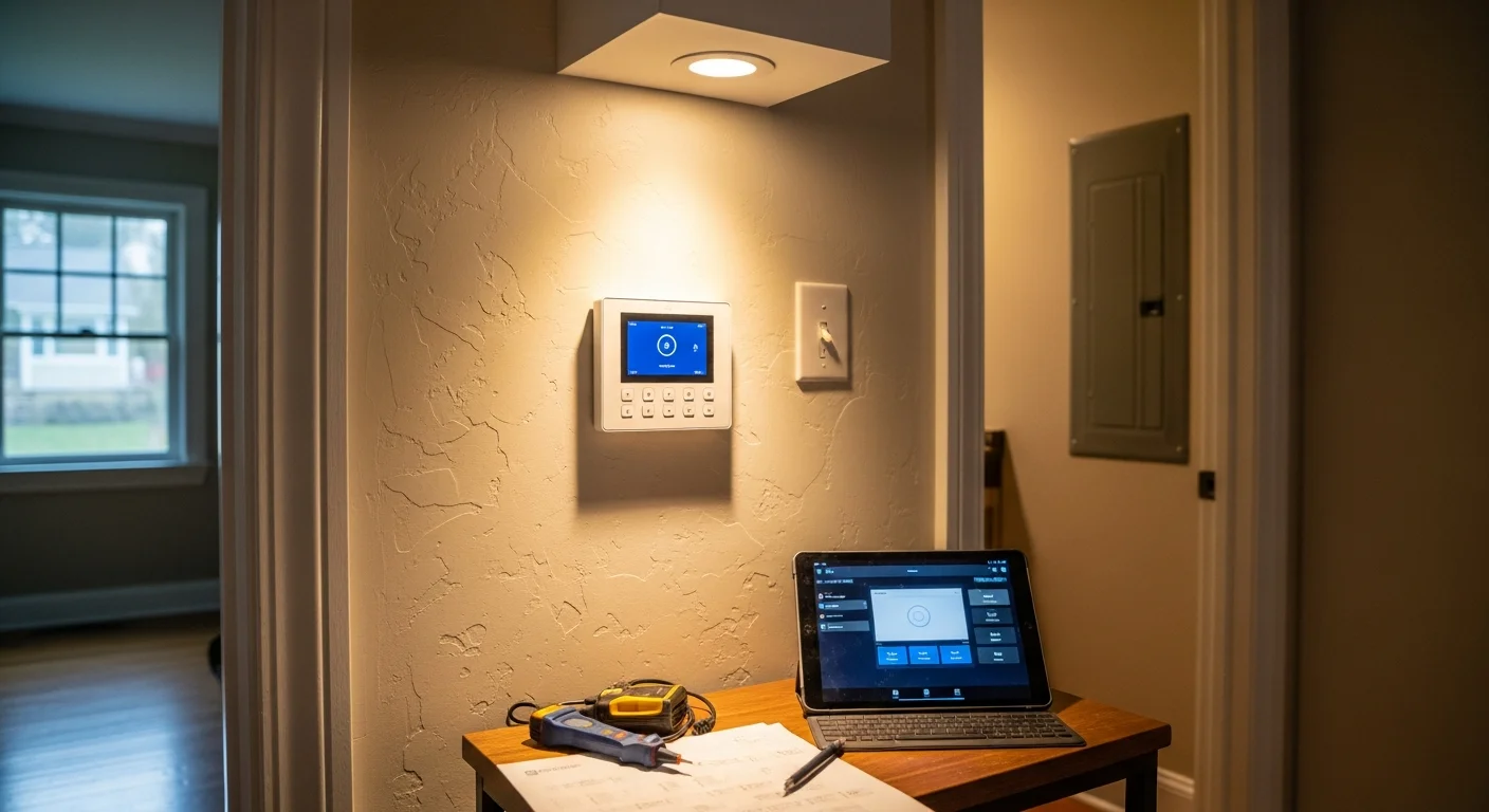 A licensed electrician from Arleo Electrical Contracting programs a smart lighting control panel inside a single-family home in Madison, New Jersey. Recessed lights in the living room are visible at a dimmed setting, showing the completed installation.