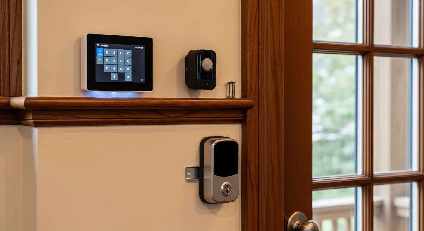 A licensed electrician from Arleo Electrical Contracting wiring a smart security control panel inside a Colonial-style home in Madison, New Jersey. Installed motion sensor and smart lock visible near the front entry.