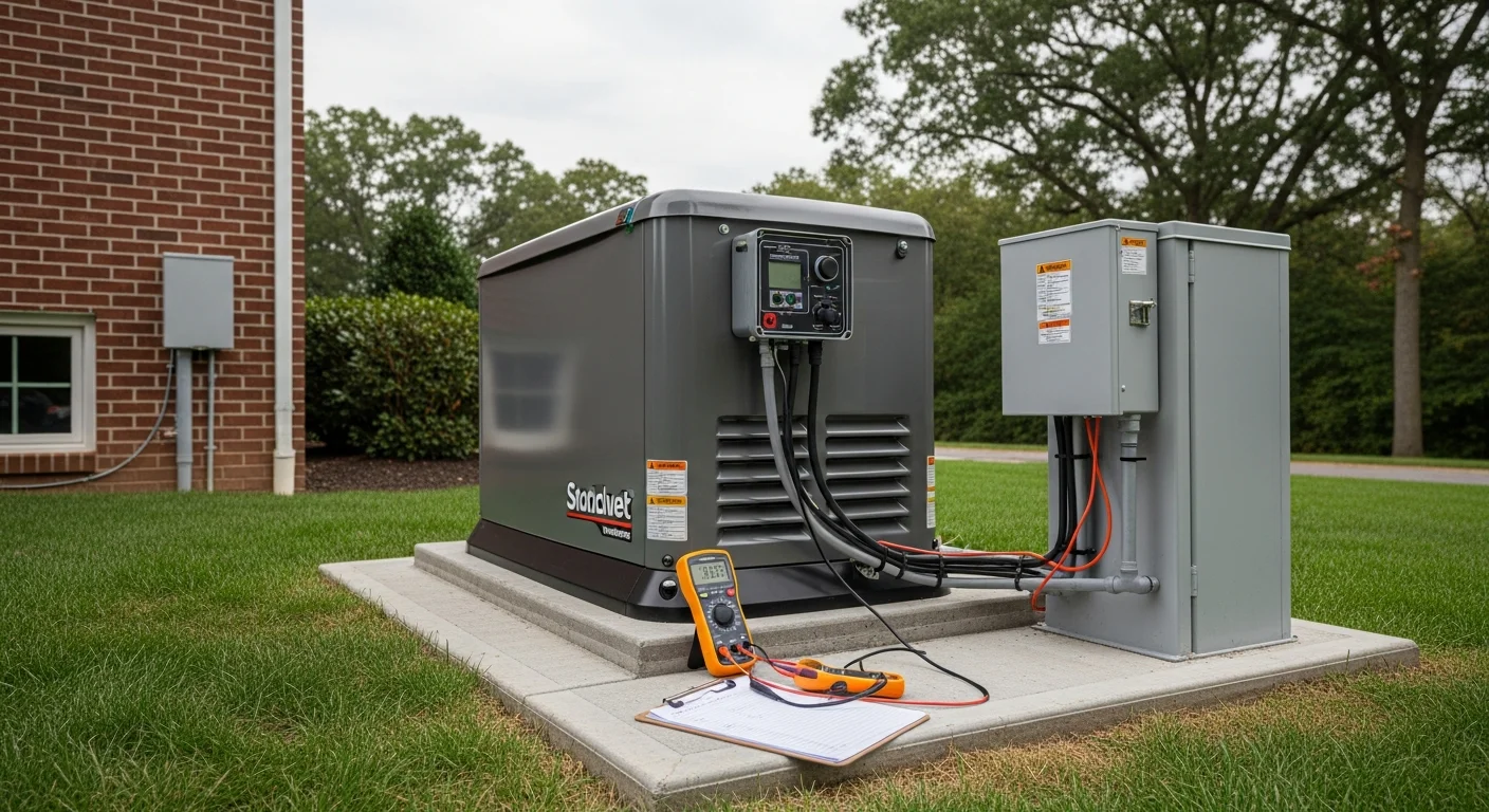 A licensed electrician from Arleo Electrical Contracting completing a standby generator installation on a concrete pad beside a residential home in Madison, New Jersey. The generator is connected to the home's electrical panel with a visible automatic transfer switch mounted on the exterior wall.
