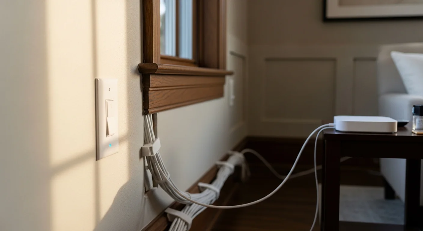 A licensed electrician from Arleo Electrical Contracting wiring a smart switch panel inside a Colonial-style home in Madison, New Jersey. The wall plate is open and low-voltage wiring is being connected to support a voice control system.